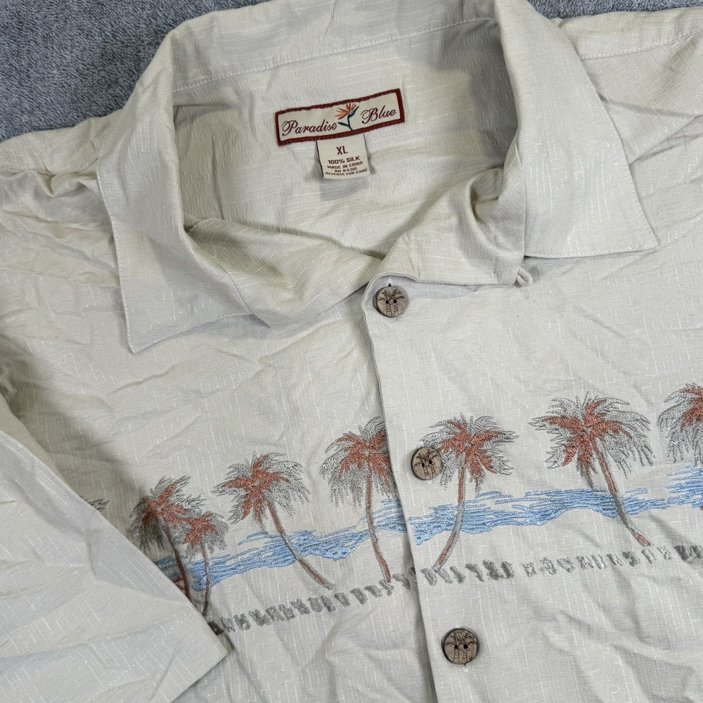 Paradise Blue Hawaiian Shirt XL Silk Palm Trees Beach Embroidered Tan Cream Surf